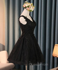 Black V Neck Lace Short Evening Prom Dresses, Homecoming Dresses, Homecoming Dresses