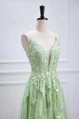Sage Green Long Evening Prom Dresses Lace Appliques V Neck Lace-Up