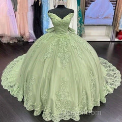 Sage Green Princess Quinceanera Dresses Ball Gown Applique Off Shoulder Sweet 16 Evening Prom Dresses