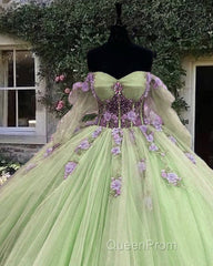 Sage Long Sleeve Ball Gown Dresses With Purple Flowers
