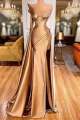 Satin Gold One Shoulder Mermaid Evening Prom Dresses With Slit