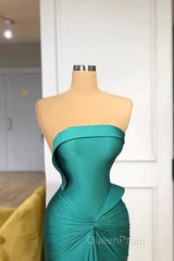 Satin Green Trumpet Mermaid Strapless Ruched Evening Prom Dresses