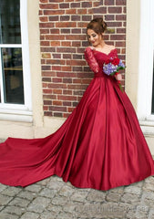 Satin Prom Dresses Ball Gown V-Neck Cathedral Train With Lace