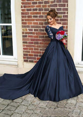 Satin Prom Dresses Ball Gown V-Neck Cathedral Train With Lace