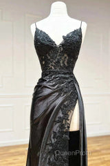Satin Sheath Column Black Spaghetti Strap Evening Prom Dresses With Slit