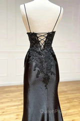 Satin Sheath Column Black Spaghetti Strap Evening Prom Dresses With Slit