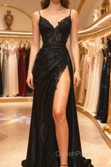 Satin Sheath Column Black Spaghetti Strap Evening Prom Dresses With Slit