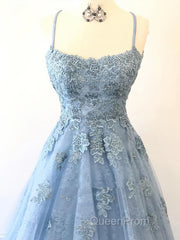 Scoop Neck Light Blue Backless Lace Evening Prom Dresses, Scoop Neck Blue Lace Formal Evening Dresses