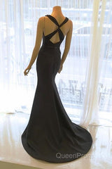 Scoop Neck Long Black Satin Mermaid Evening Dresses