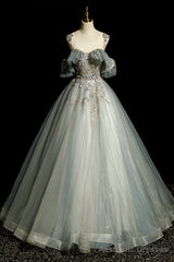 Scoop Neckline Tulle Long Formal Dress with Beaded, A-Line Evening Dress