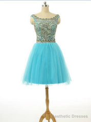 Scoop Top Beaded Blue Knee Length Cocktail Dresses