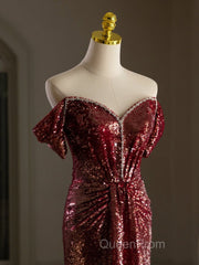 Simple Off Shoulder Sequin Burgundy Long Evening Prom Dresses, Burgundy Long Evening Dresses