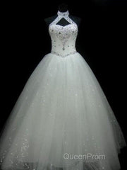 Sequin Ball Gown Sleeveless Floor Length Beading Tulle Halter Wedding Dresses