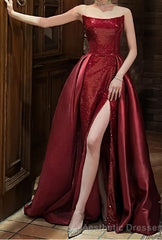 Sequin Mermaid Strapless Sleeveless Party Dress Red Long Prom Dresses