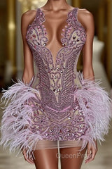 Sequined Mermaid Jewel Jersey Beading Sleeveless Mini Rhinestone Party Dresses With Feather