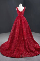 Sequins Asymmetrical Red Evening Dresses Sleeveless Deep-V Evening Prom Formal Dresses