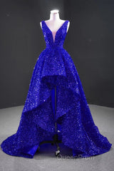 Sequins Asymmetrical Red Evening Dresses Sleeveless Deep-V Evening Prom Formal Dresses