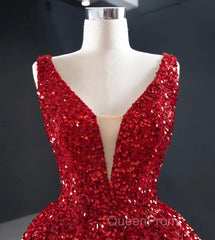 Sequins Asymmetrical Red Evening Dresses Sleeveless Deep-V Evening Prom Formal Dresses