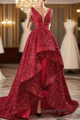 Sequins Asymmetrical Red Evening Dresses Sleeveless Deep-V Evening Prom Formal Dresses