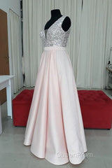 Sequins V-Neck Floor Length Satin Evening Prom Dresses