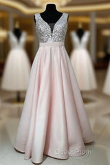 Sequins V-Neck Floor Length Satin Evening Prom Dresses