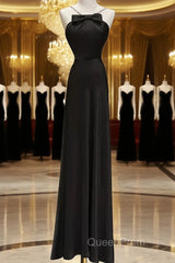 Sexy A Line Halter Long Black Satin Evening Prom Dresses
