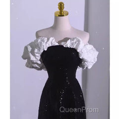 Sexy A Line Off The Shoulder Long Black Sequin Evening Prom Dresses