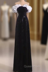 Sexy A Line Off The Shoulder Long Black Sequin Evening Prom Dresses
