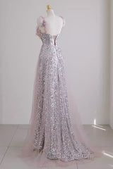 Sexy A Line Straps Lilac Sequin Evening Prom Dresses