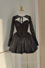 Sexy Ball Gown Spaghetti Straps Black Lace Travel Vacation Dresses Short Satin Birthday Dresses