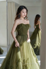 Sexy Ball Gown Strapless Neckline Green Ruffles Evening Dresses Evening Prom Dresses