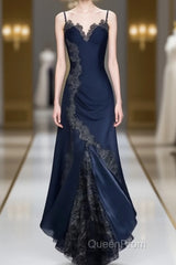 Sexy Bodycon Mermaid Straps Long Navy Blue Lace Evening Prom Dresses Party Dresses