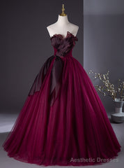 Sexy Burgundy Tulle Strapless Pleats Prom Dress