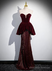 Sexy Burgundy Velvet Sequins Strapless Prom Dress