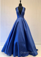 Sexy Deep V-Neck Long Satin Bow Back Evening Dresses Floor Length Evening Prom Gowns