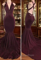 Sexy Deep V Neck Mermaid Velvet Burgundy Evening Prom Dresses