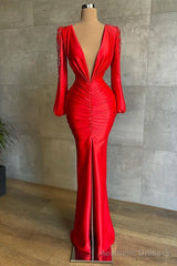 Sexy Deep V-Neck Red Long Sleeves Prom Dress Mermaid