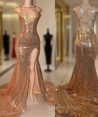 Sexy Gold Sequin Spaghetti-Straps Slit Evening Prom Dresses