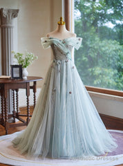 Sexy Green Tulle Sequins Off the Shoulder Flower Prom Dress