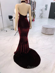 Sexy Halter Burgundy Winter Wedding Guest Dresses Velvet Evening Prom Dresses Sleeveless