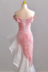 Sexy High Low Off The Shoulder Pink Velvet Evening Prom Dresses