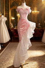 Sexy High Low Off The Shoulder Pink Velvet Evening Prom Dresses