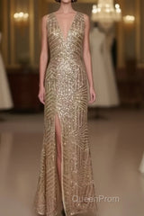 Sexy Leg Split Open Back Mermaid Sequins Evening Prom Dresses