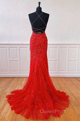 Sexy Long Lace Red Evening Prom Dresses Open Back