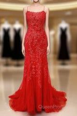 Sexy Long Lace Red Evening Prom Dresses Open Back