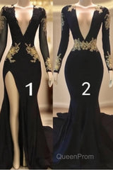 Sexy Long Sleeve Black Gold Evening Prom Dresses V Neck Appliques Formal Dresses