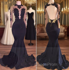 Sexy Mermaid Black Gold Long-Sleeve Evening Prom Dresses