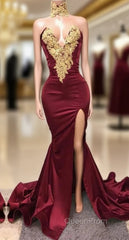 Sexy Mermaid Front-Split Lace High Neck Burgundy Evening Prom Dresses