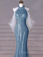 Sexy Mermaid Halter Sequin Blue Floor Length Evening Prom Dresses