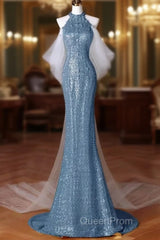 Sexy Mermaid Halter Sequin Blue Floor Length Evening Prom Dresses